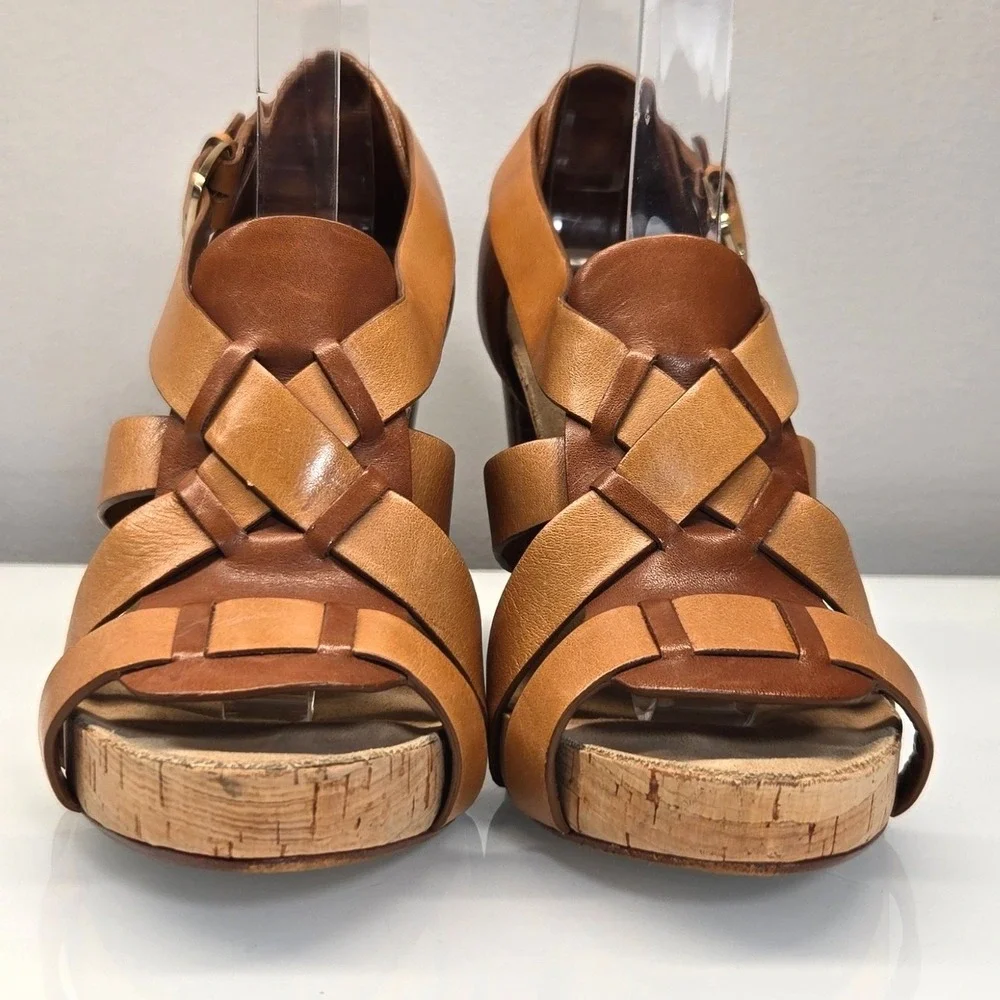 Vintage Y2K Cole Haan Leather Sandals 6B Brown Cork Chunky Platform Heel Strappy